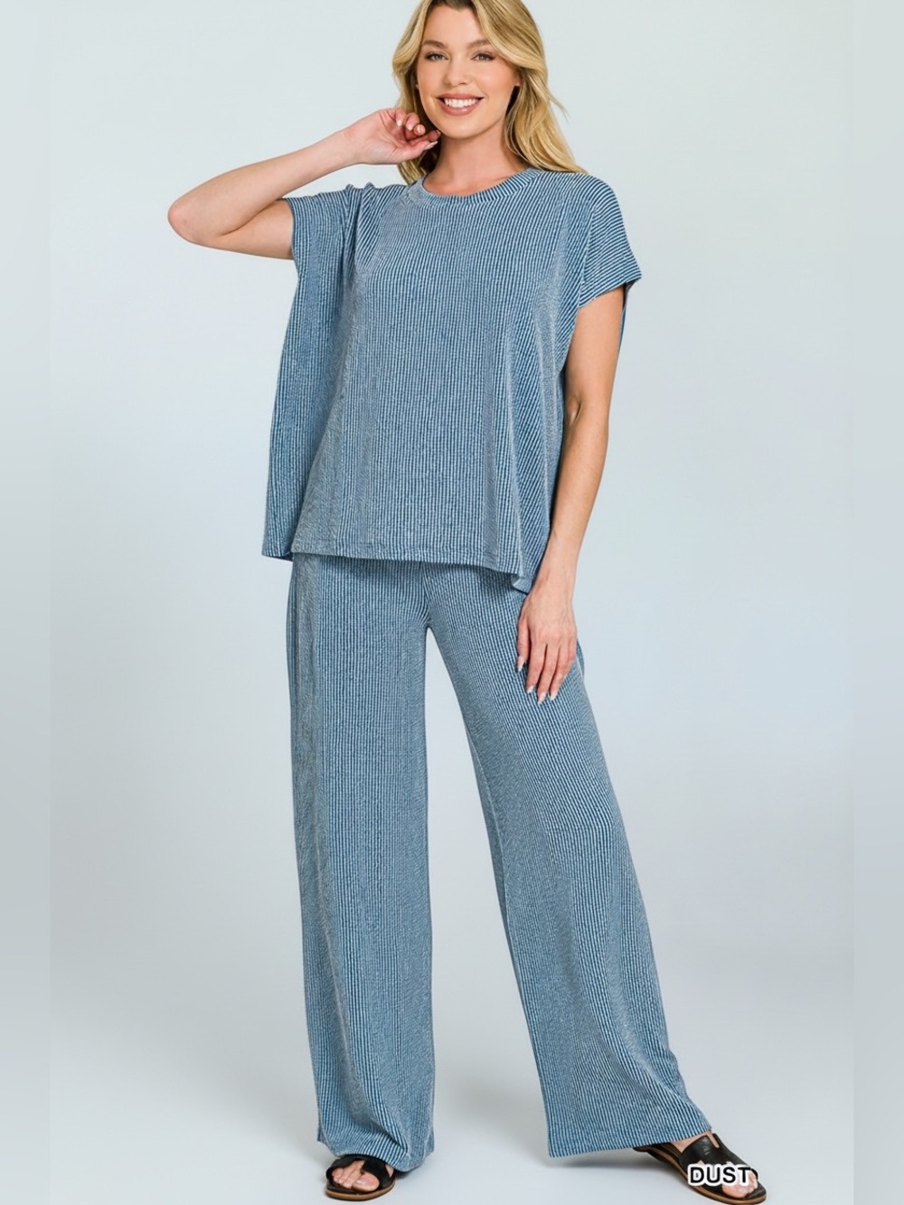 Zenana Two-Piece Ribbed Relaxed Lounge Set in Dusty Blue
